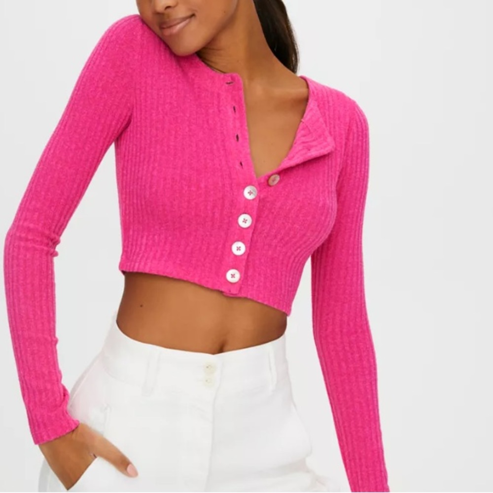 BARBIE PINK 🌸 Halo Cropped Cardigan With Shell Buttons, Size XS Wilfred Free